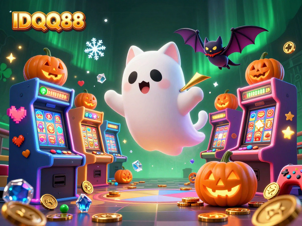 IDQQ88 delivers a thrilling gaming experience amid a haunted casino, featuring a ghost cat and vibrant game elements.