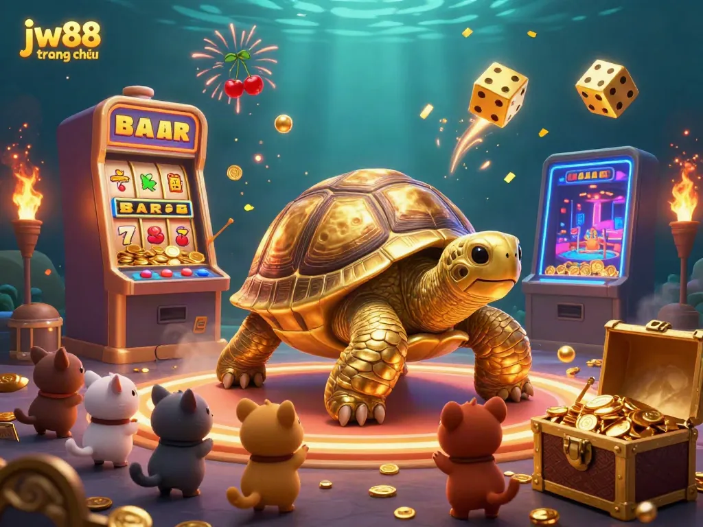 Spin and win with jw88 trang chủ, featuring a vibrant golden tortoise pinball machine in an exciting casino scene.