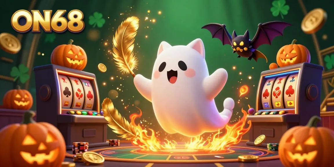 Energize your gaming with ON68's vibrant casino scene featuring a ghost cat and bat amidst slot machines.