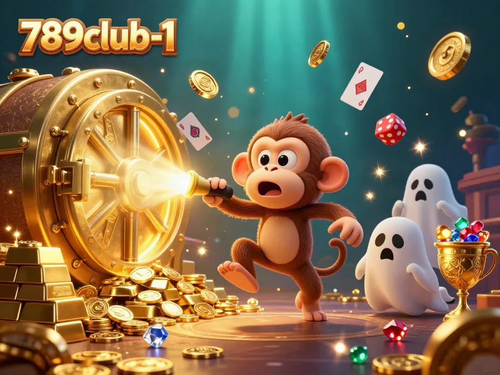 Engaging 3D scene showcasing a poltergeist monkey juggling golden treasures at 789club-1's vibrant casino