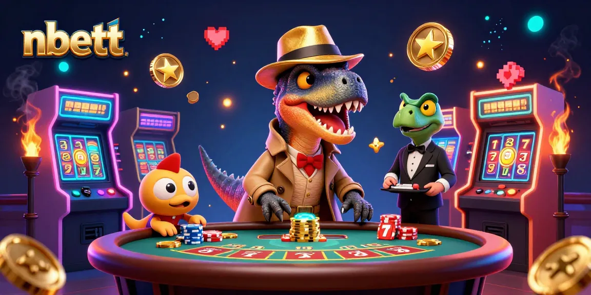 nbett showcases an online casino scene with a velociraptor at blackjack and vibrant gaming elements.