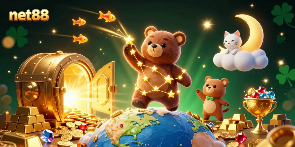 Bet on net88 through a vibrant and dynamic 3D casino-themed illustration filled with treasures
