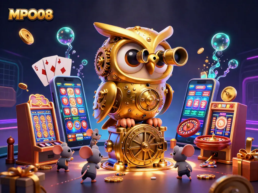 Experience the excitement of MPO08, showcasing vibrant slot games and animated characters in a lively casino scene.