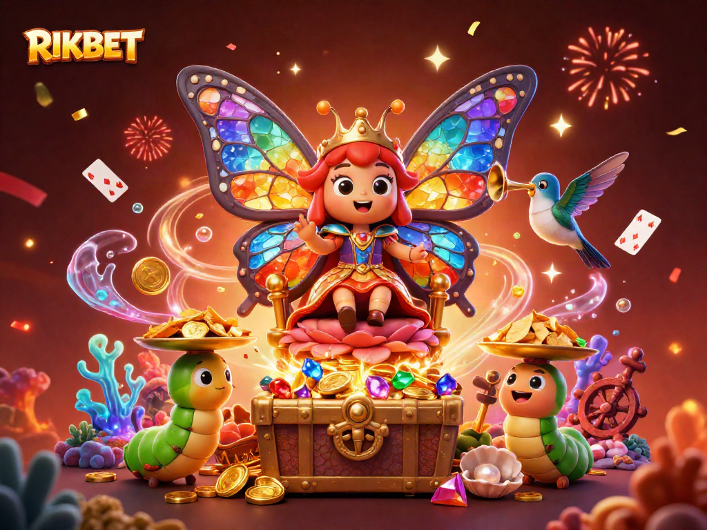 Engage with RIKBET's vibrant casino world filled with shimmering treasures, celebrating characters, and dynamic elements.