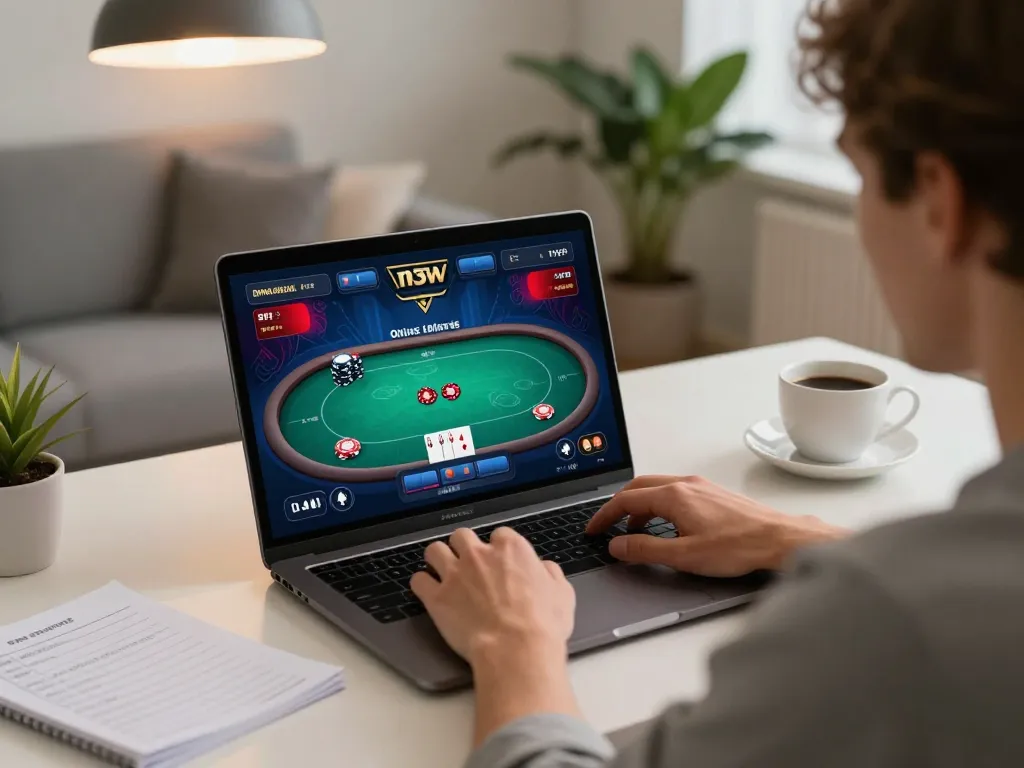 Player engaged in a strategic online poker game with VA88 interface displayed on their laptop, showcasing intense focus and strategic thought.