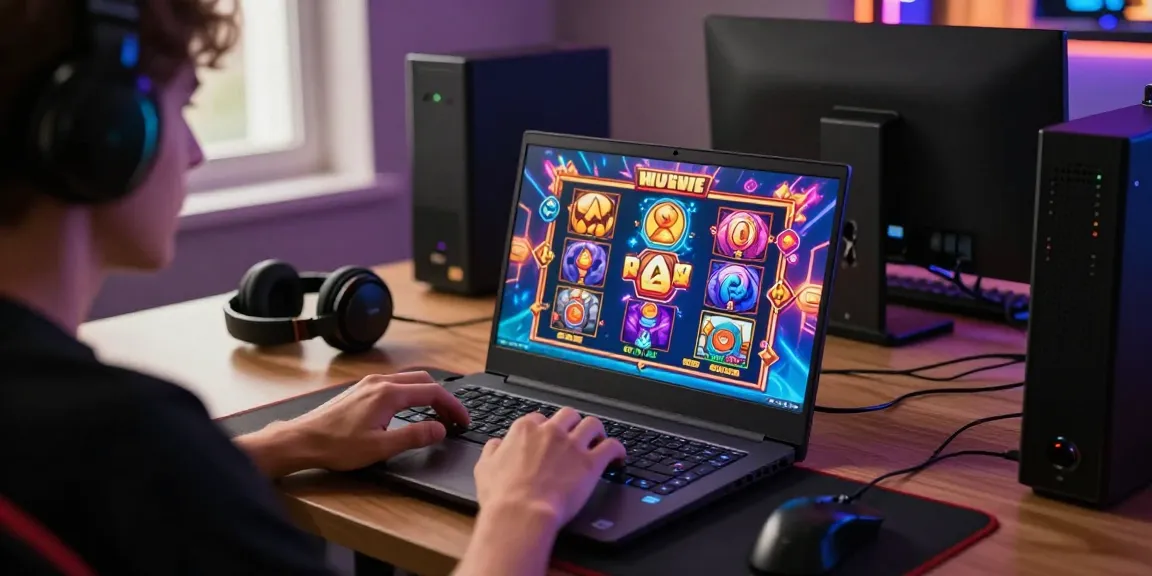 Player enjoying sniperslot gaming on a laptop with vibrant graphics and accessories in a cozy setting.