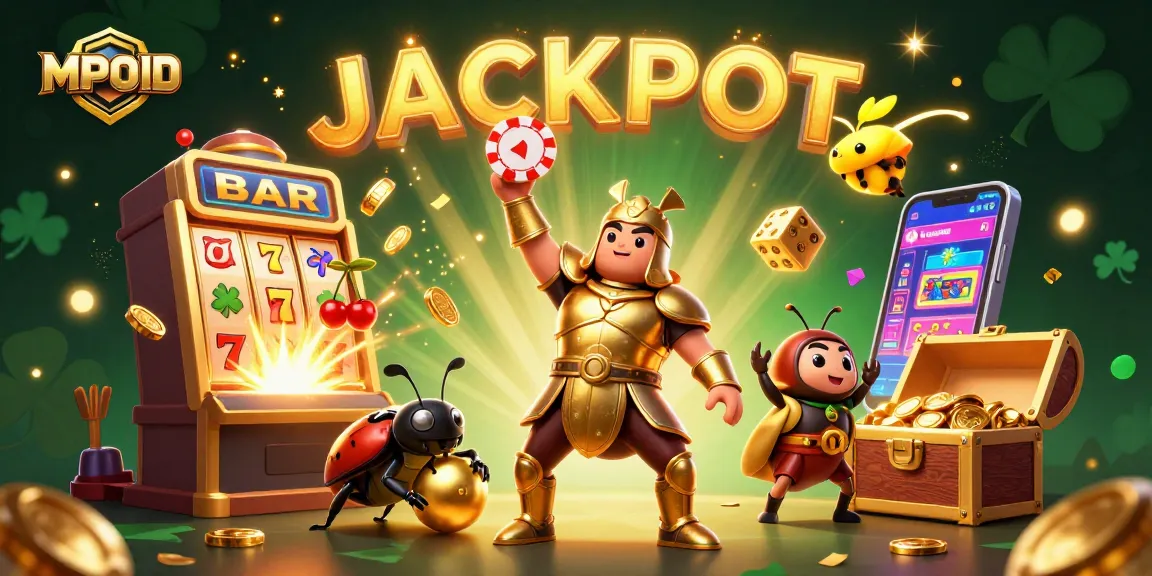 Engage in MPOID's thrilling casino atmosphere with winning characters celebrating a jackpot.