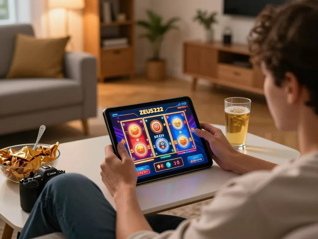 Player enjoying ZEUS222 gaming experience on a tablet at home amidst warm, inviting ambiance.