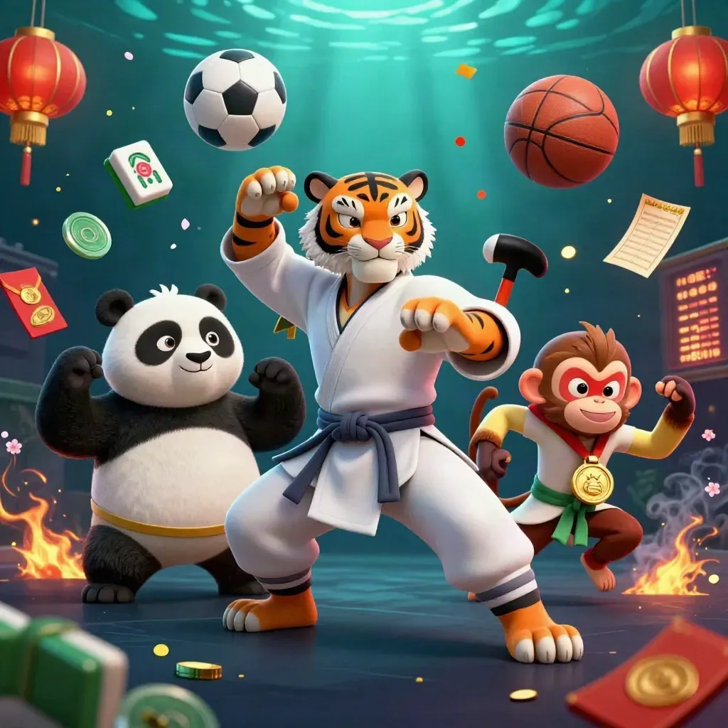 Harimau kung-fu, panda, dan monyet di ledakan kasino, dikelilingi bola, koin, dan lampu.