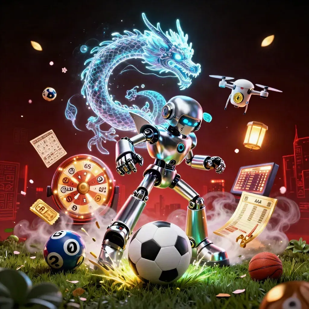 Robot cyberpunk menendang bola, naga hologram, drone koin, efek kasino meledak.