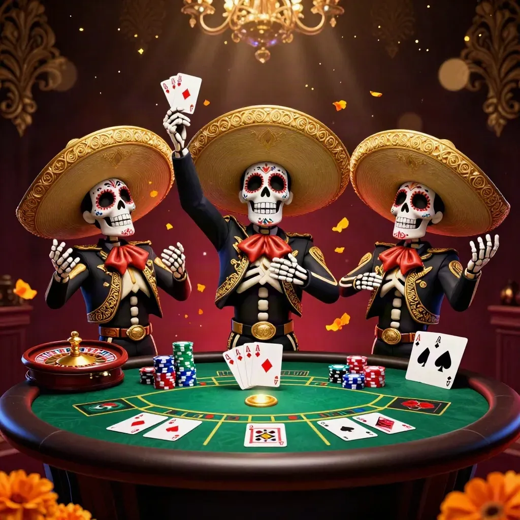 Trio skeleton mariachi di kasino mewah dengan cahaya emas, kartu, dan efek damask.
