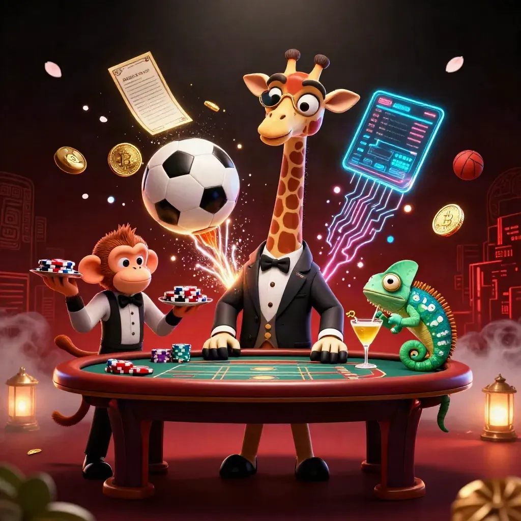 Maskot kasino 3D di meja poker, bola sepak dan basket melesat, koin kripto berkilau.