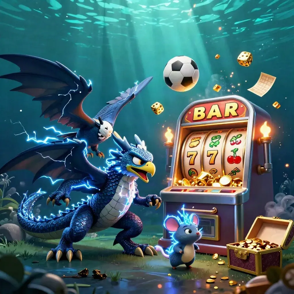 Naga petir, elang, dan tikus kecil di tengah ledakan slot dan bola olahraga.