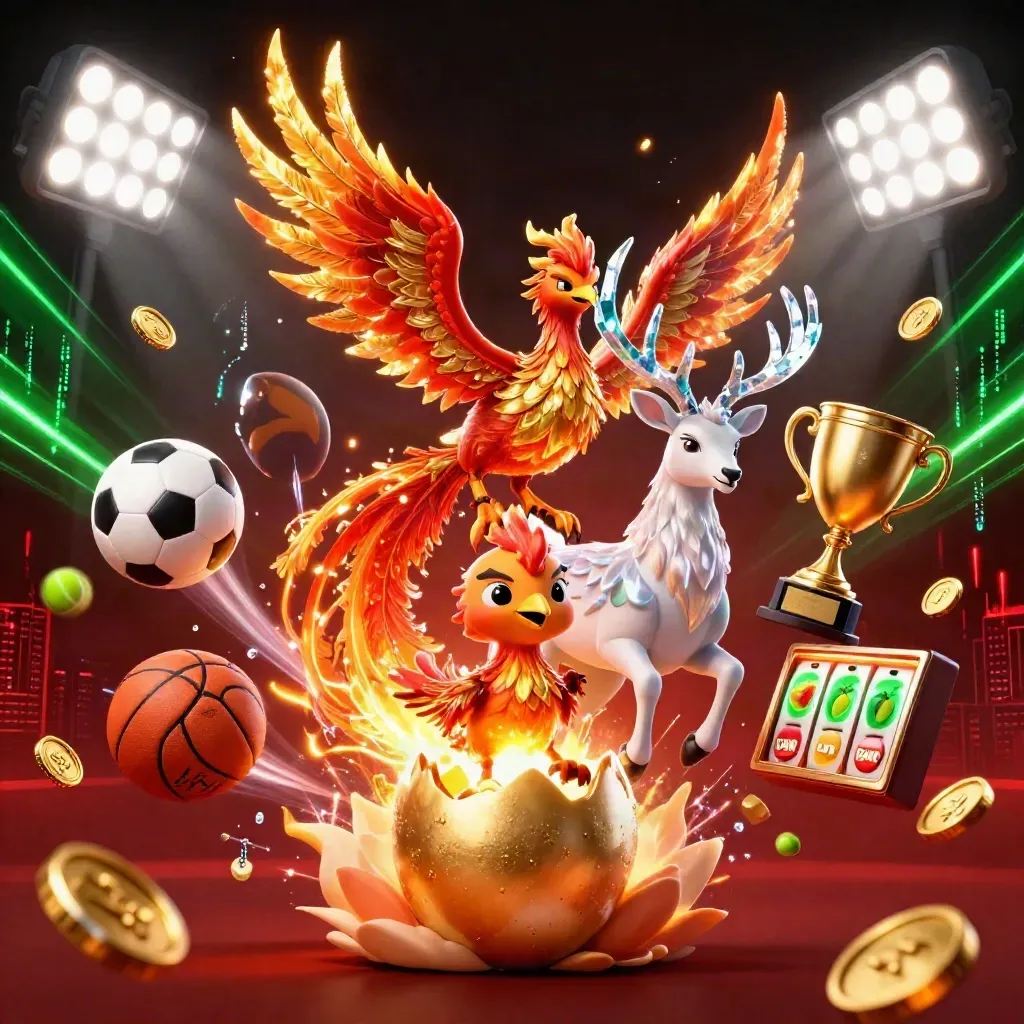 Phoenix, rusa kristal, telur emas, bola olahraga, koin, dan efek neon hijau-gold.