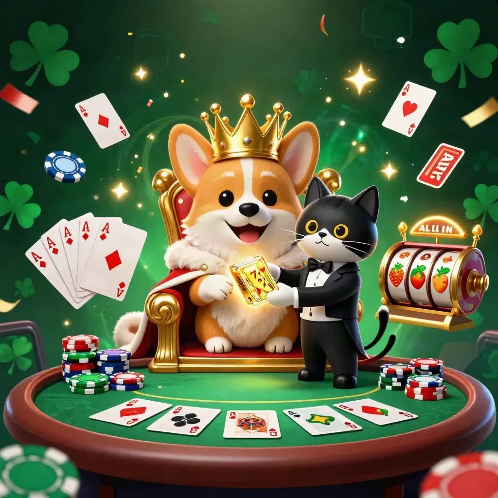 Kucing butler dan corgi kerajaan di meja poker, nuansa hijau zamrud dan emas.