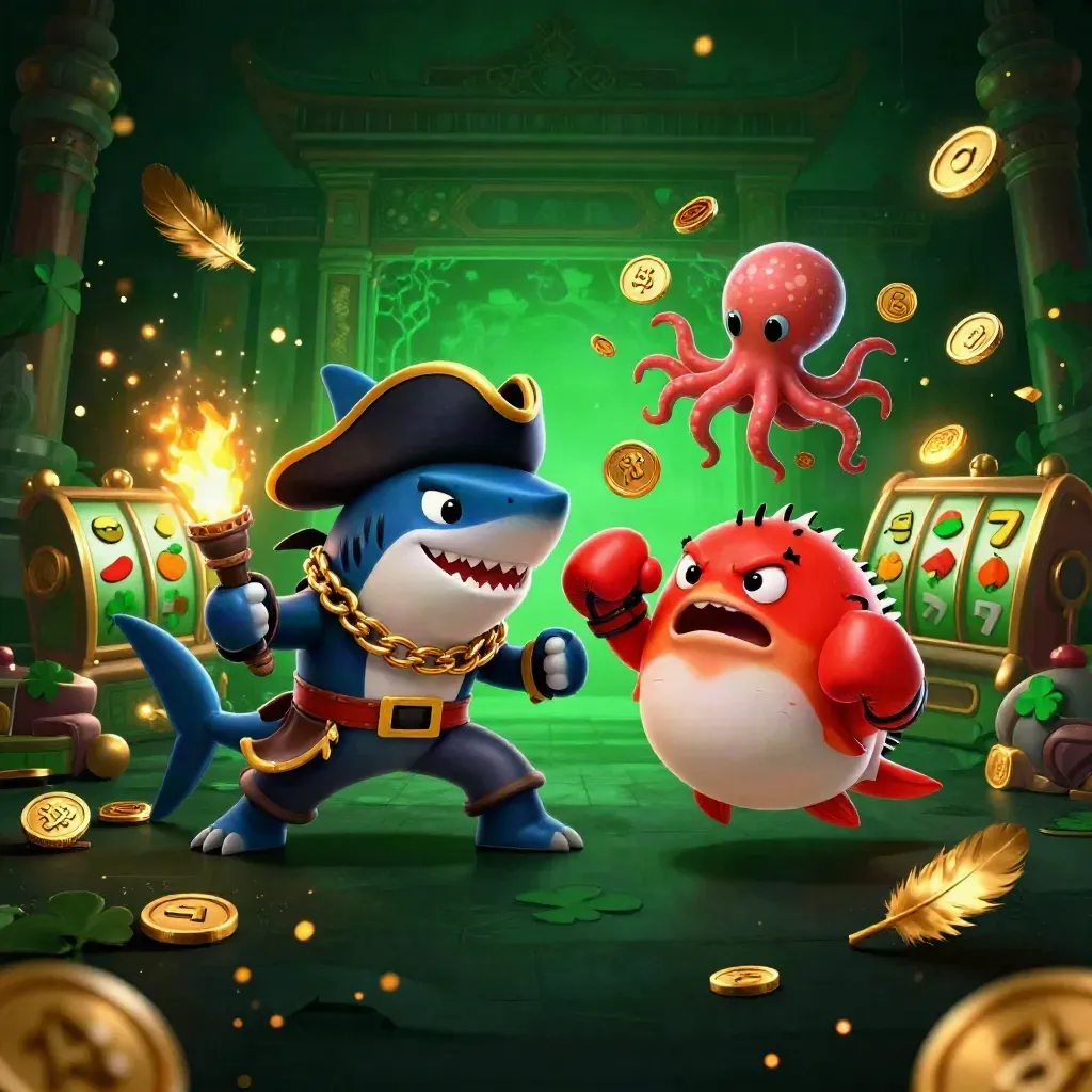 Tiga karakter kartun bajak laut, ikan buntal, dan gurita kecil dikelilingi koin emas dan cahaya kasino.