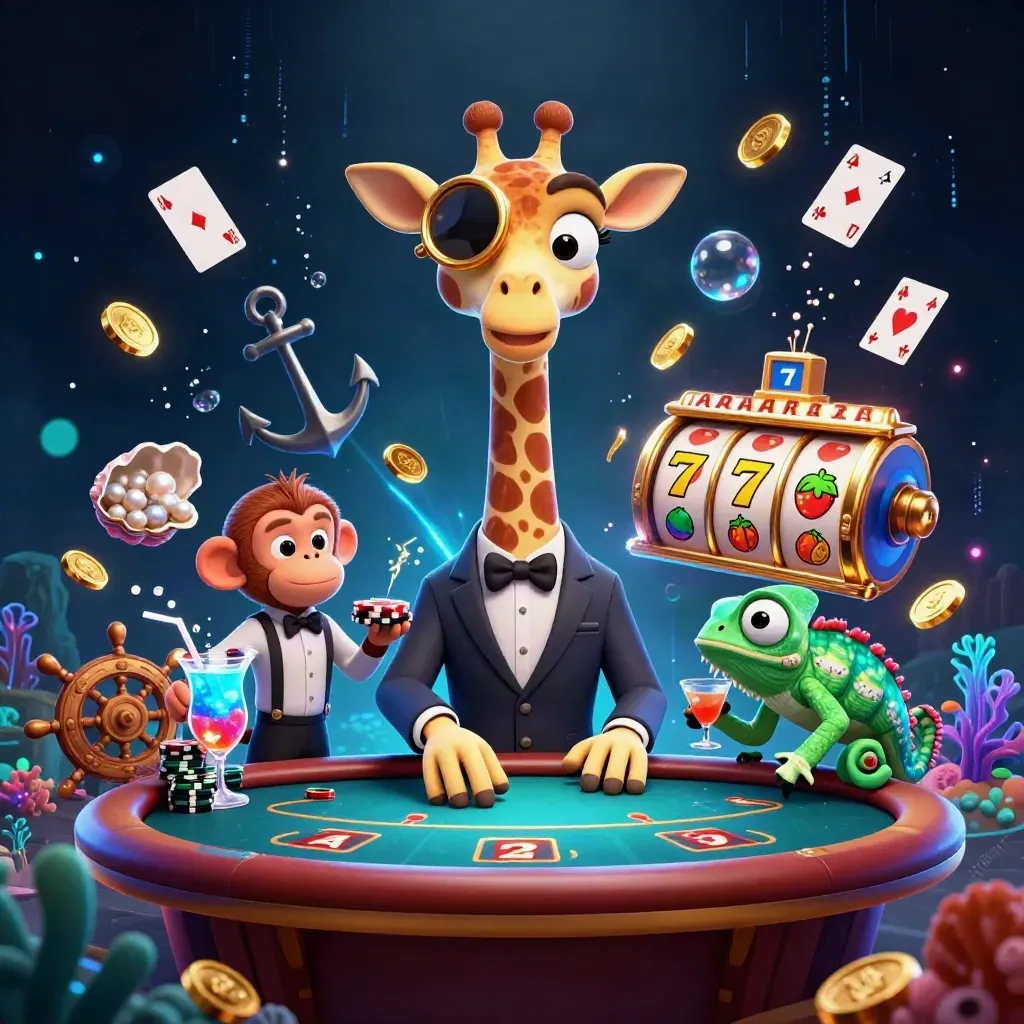 Jerapah, monyet, dan bunglon kasino di meja poker dengan koin emas dan efek neon.