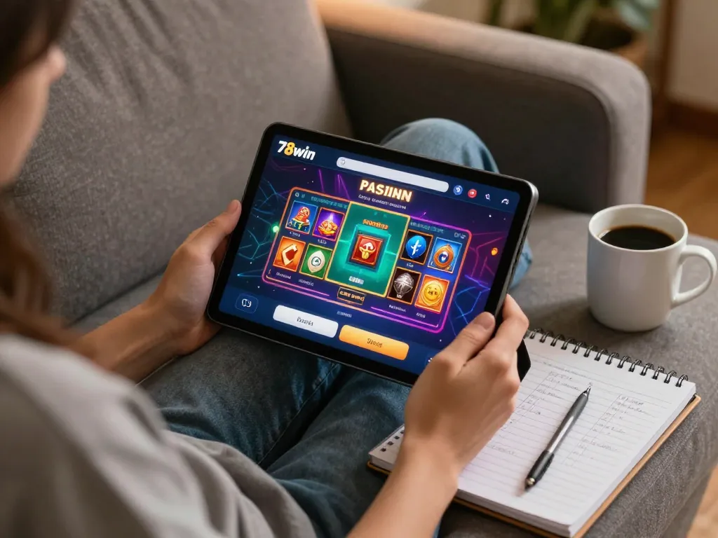 Engaging with the 78win casino app at home, creating a strategic online gaming experience.