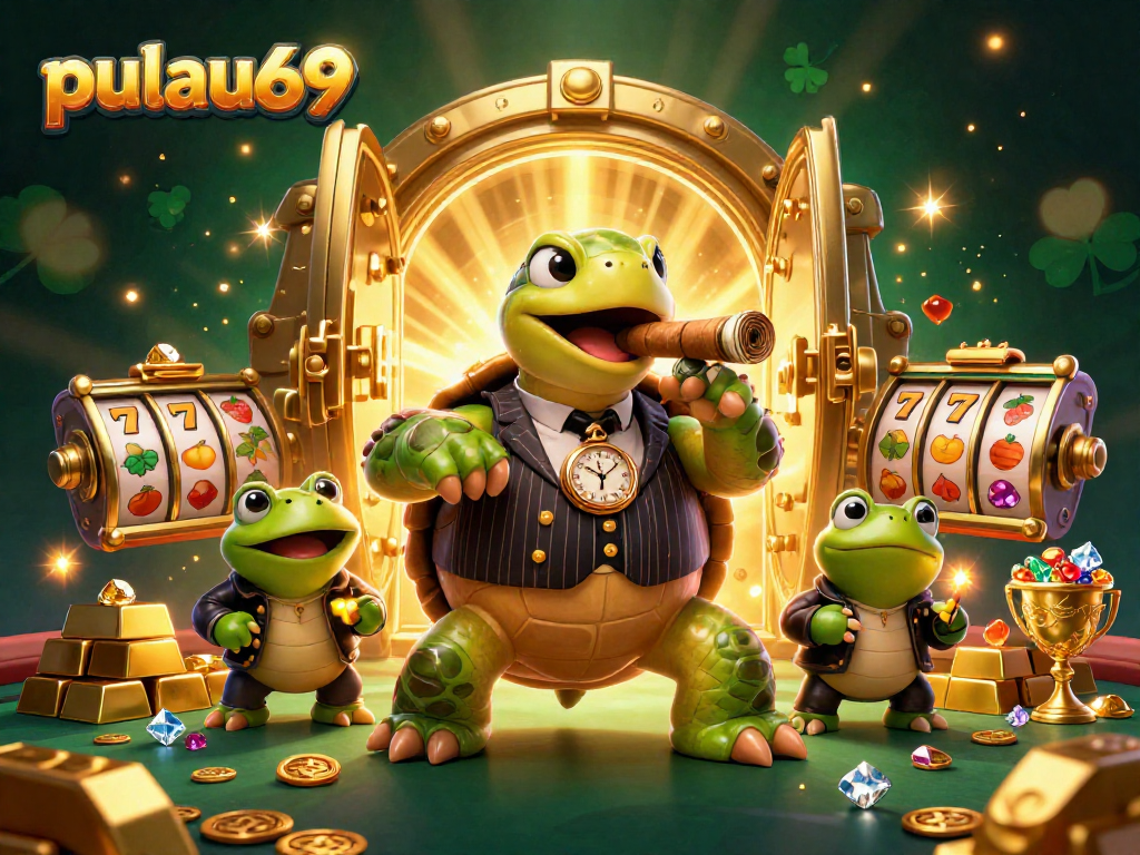 pulau69 casino scene featuring a snapping turtle and frog enforcers celebrating jackpots