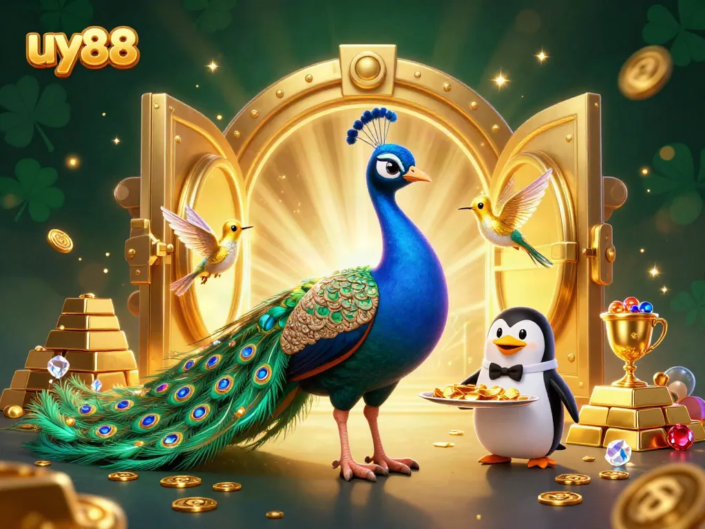 Experience the excitement of uy88 with a vibrant scene featuring a peacock, penguin, and hummingbird amidst gold treasures.