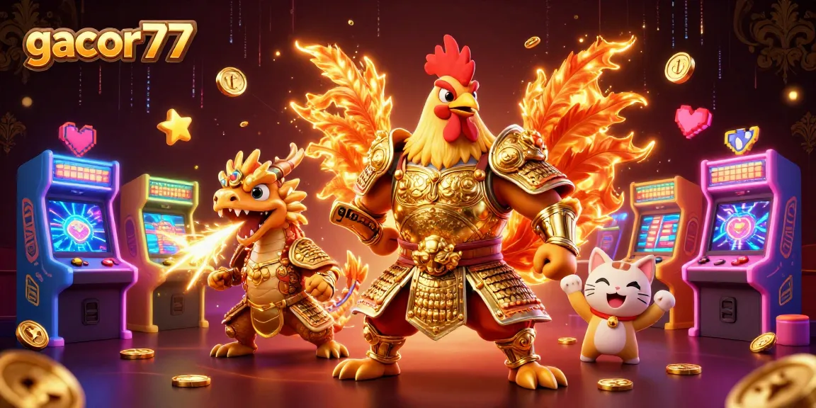 Gacor77 dengan ilustrasi ayam petarung dan naga berapi, siap bertarung di dunia perjudian.