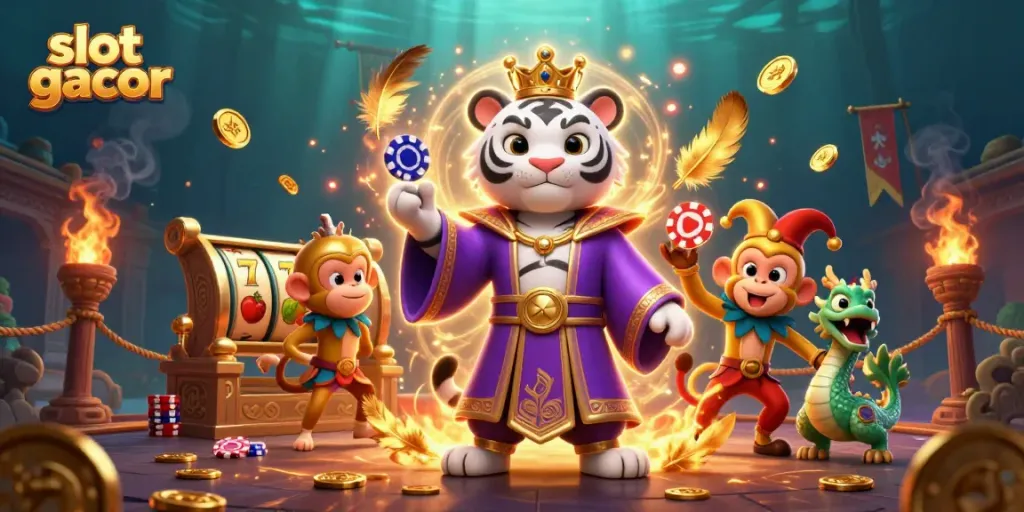 Engage with the exhilarating slot gacor scene featuring a regal tiger, jester monkey, and dragon.