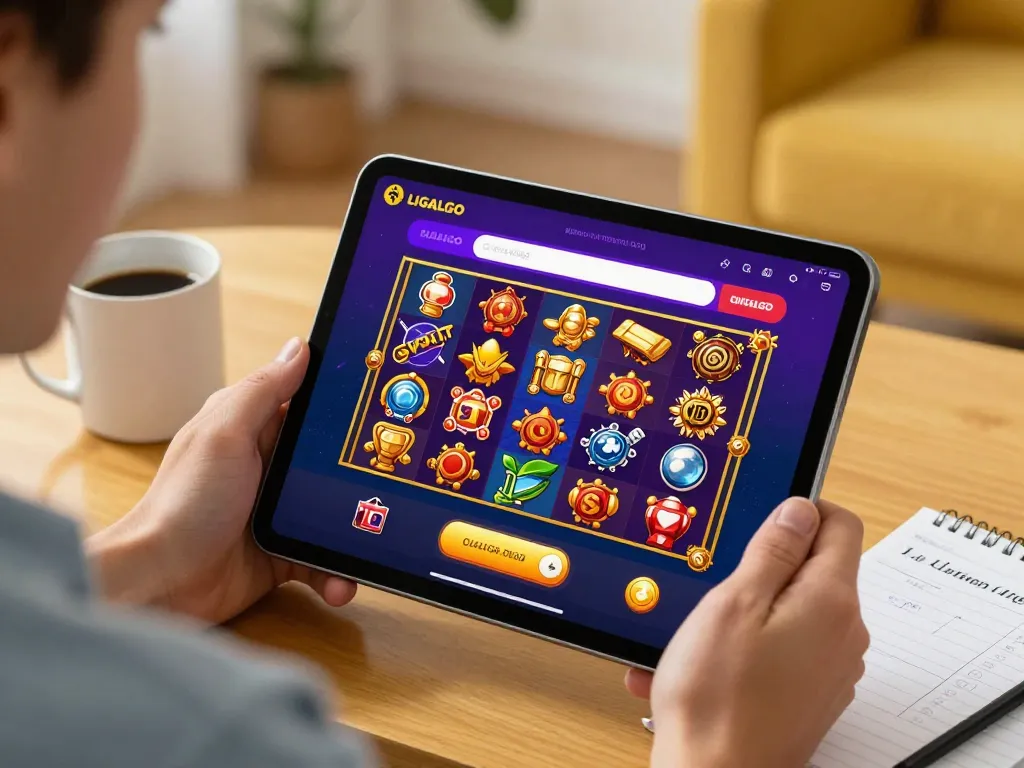 LIGALGO user engaging with slot games on a tablet in a cozy home setting, highlighting online gambling excitement