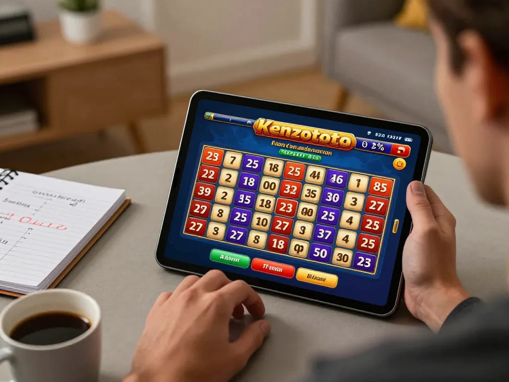 Sesi permainan online Kenzototo yang menampilkan taruhan dinamis di tablet di rumah yang nyaman.
