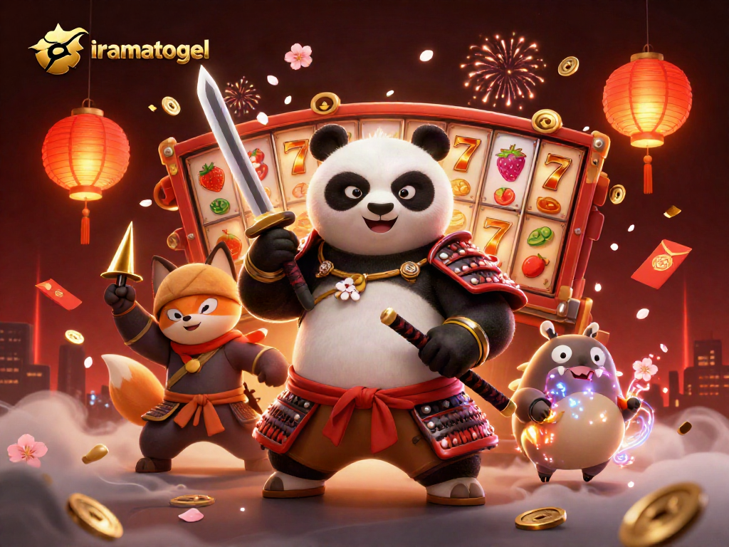 Gambar iramatogel menampilkan panda samurai dan rubah ninja dalam suasana kasino yang penuh warna.