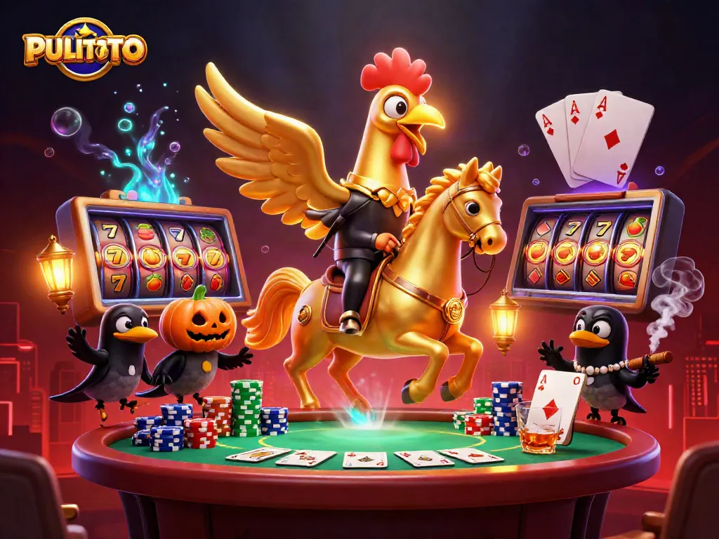 PULITOTO showcases a golden rooster riding a spectral horse amid vibrant casino elements.