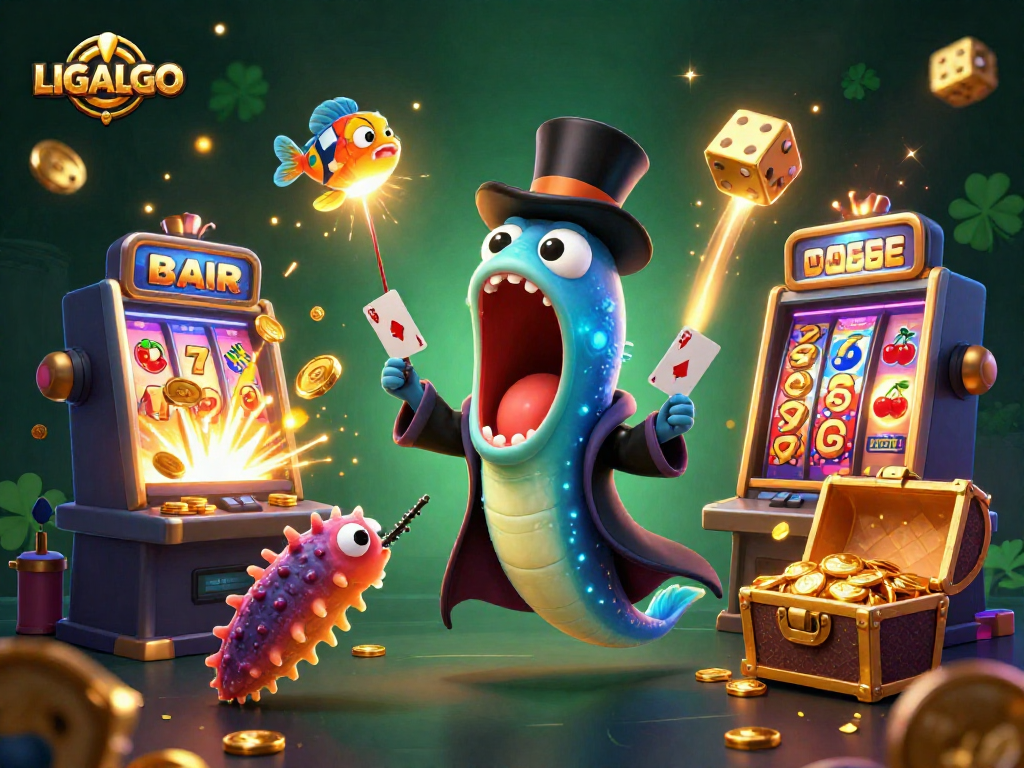 LIGALGO showcases a magical casino scene with animated characters, slot machines, and vibrant effects.