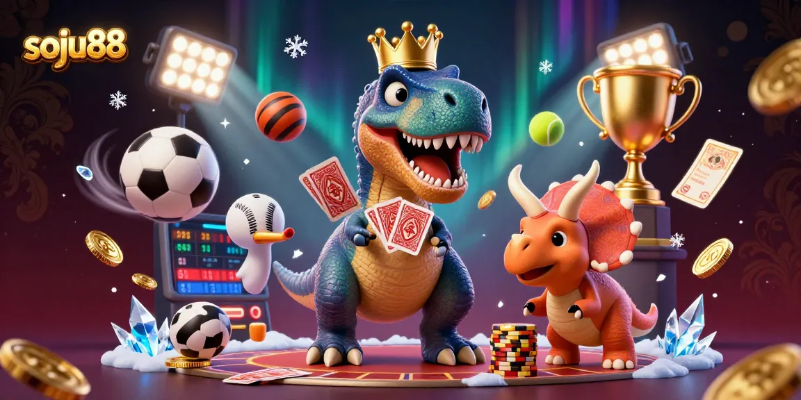 Experience the excitement of soju88 sports betting with T-Rex shuffling cards and friends at play.