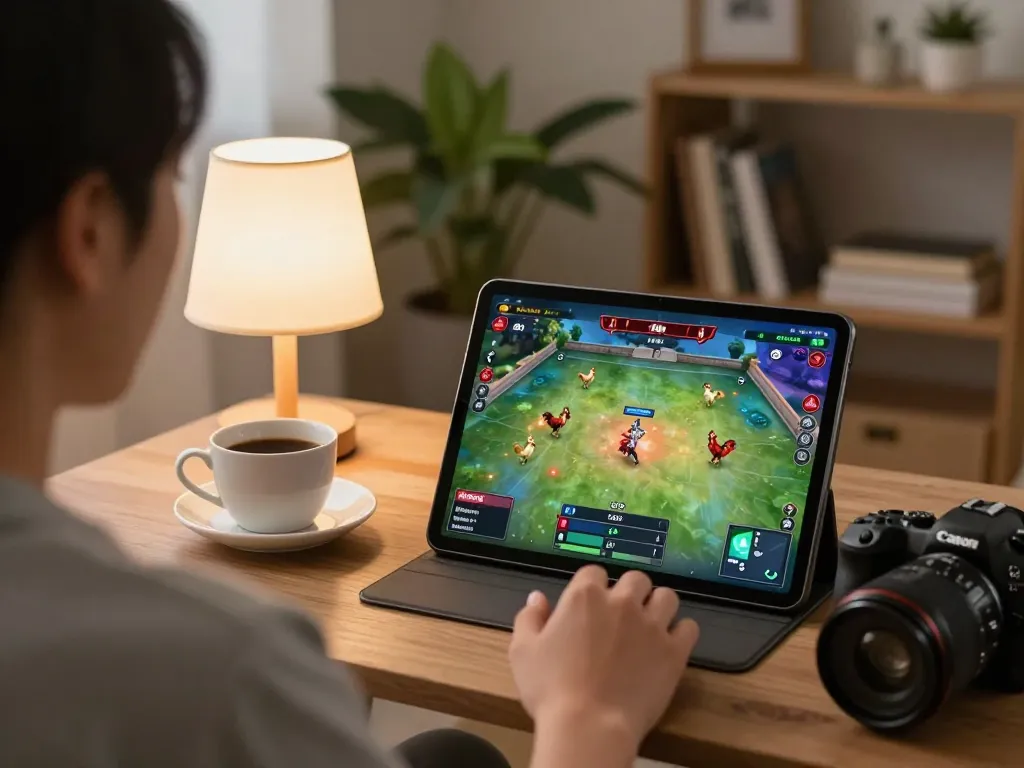 Cảnh tượng hấp dẫn của đá gà trực tuyến campuchia thomo với một người chơi trên máy tính bảng trong một không gian thoải mái, thể hiện bầu không khí game online.