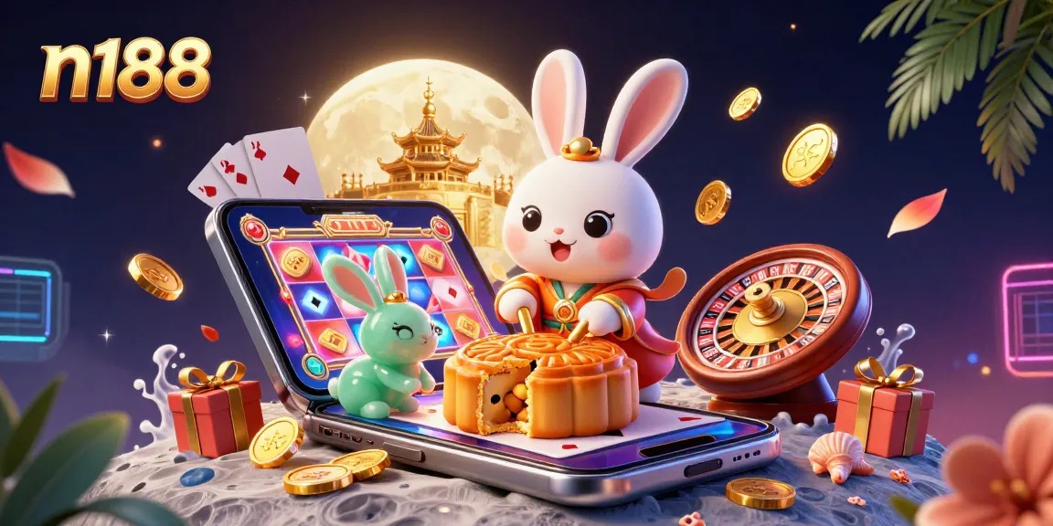 Experience n188's dynamic online casino magic with cartoon moon rabbit, poker chips, and slot games