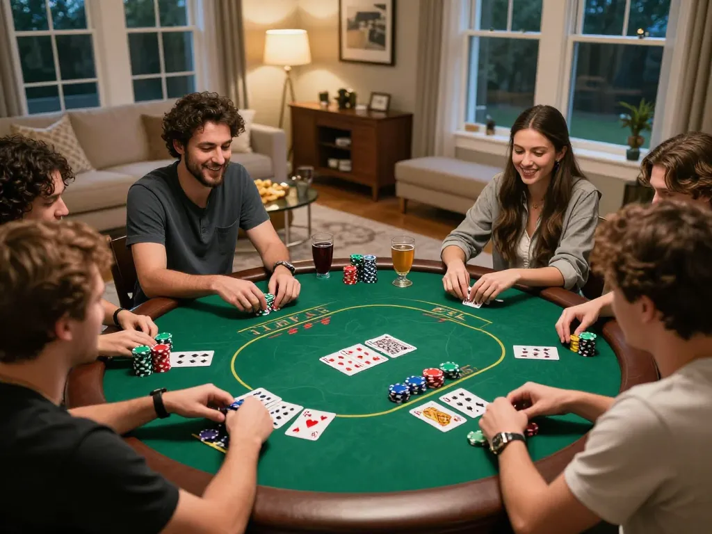 IDNSCORE poker night with friends strategizing and enjoying a friendly game atmosphere.