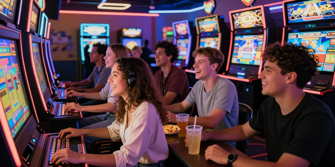 Permainan slot yang menyenangkan di ruang arcade yang meriah dan penuh warna.