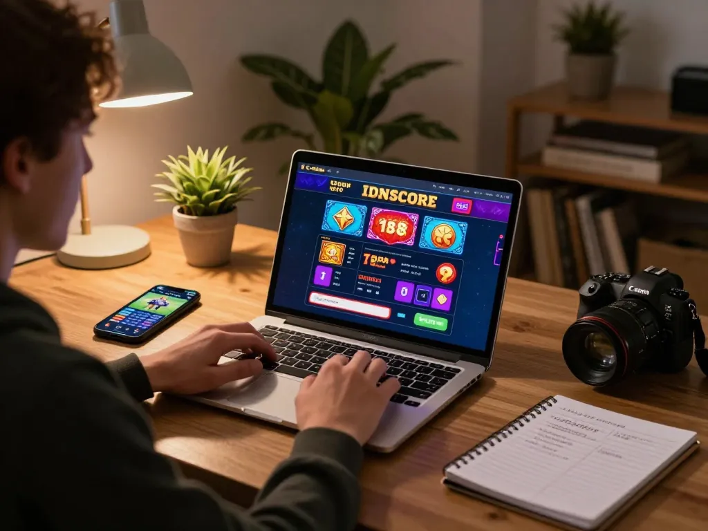 IDNSCORE online gaming setup with a player engaged in casino gameplay on a laptop, showcasing excitement and strategy.