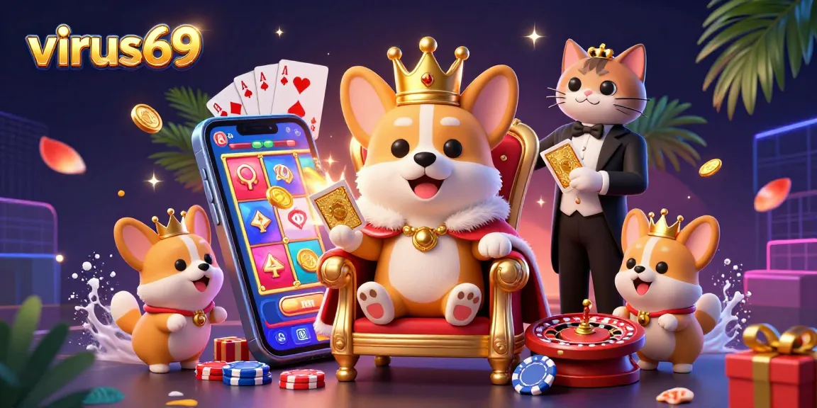 Experience thrilling gaming with virus69, featuring a royal corgi amidst vibrant slots gameplay elements.