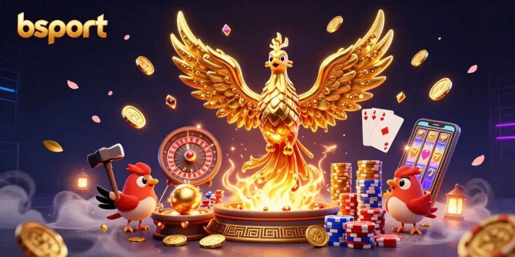 Experience the excitement of bsport with golden phoenix and casino elements illuminated in a vibrant, dynamic scene.
