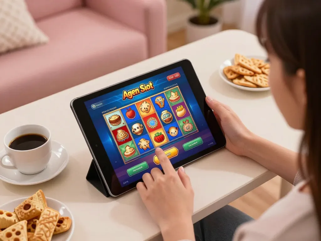 A person enjoying Agen Slot online games on a tablet with an inviting ambiance.