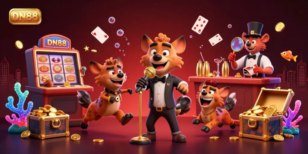 Experience the excitement of DN88 with a lively hyena casino scene featuring a comedian, bartender, and bouncer.