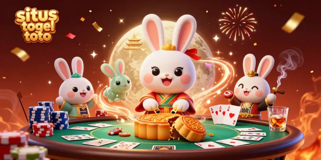 Gambarkan situs togel toto dengan kelinci bulan yang mengolah kue bulan emas dan chip poker terbang.