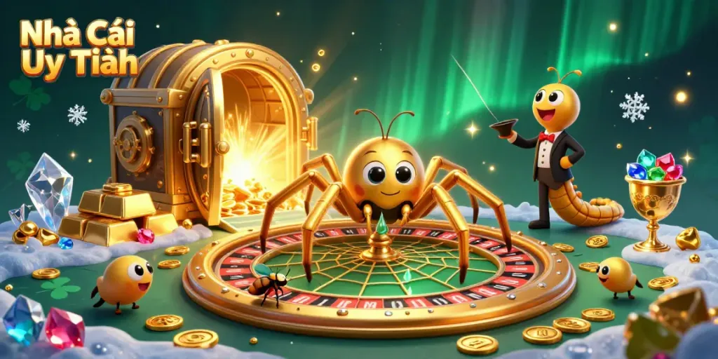 Engage in exciting bets with Nhà Cái Uy Tín as a golden spider spins a roulette wheel web.