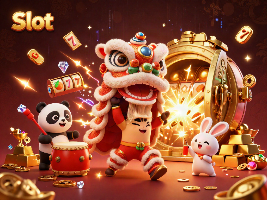 Slot dengan karakter tarian lion dan elemen kasino yang meriah memeriahkan suasana perjudian.