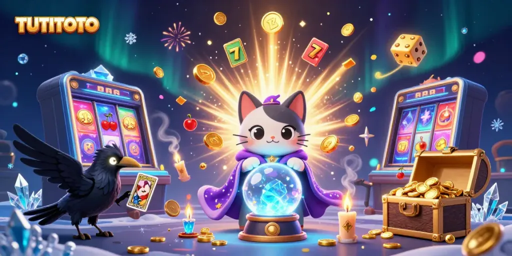 Experience the enchantment of TUTITOTO with a vibrant 3D casino scene illustrating fortune tellers and jackpots.