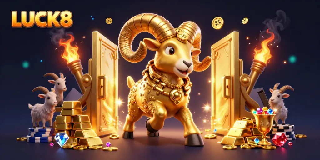 Experience the thrilling world of LUCK8 with a golden ram charging towards treasure amidst casino riches.