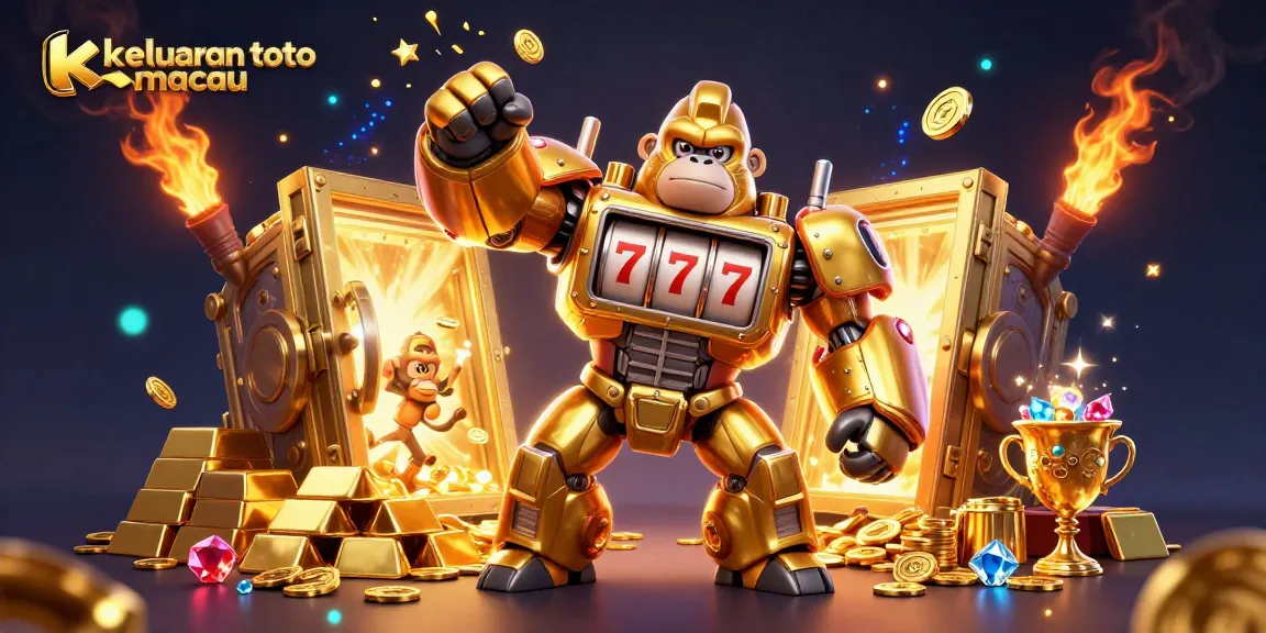 Melihat keluaran toto macau dengan karakter gorila emas yang mecha, merayakan jackpot yang berlimpah.