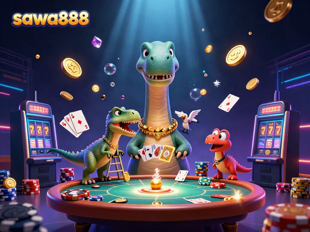 Experience thrilling action at sawa888 with an engaging casino adventure illustration featuring vibrant characters and game elements.
