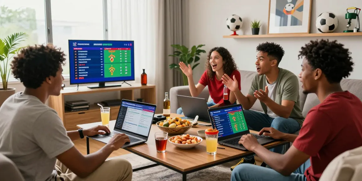 Engaged friends analyzing tempototo daftar for World Cup betting strategies in a vibrant living room.