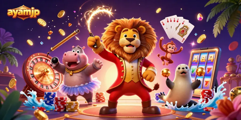 Spin the reels with ayamjp as the circus characters entertain in a vibrant casino scene.